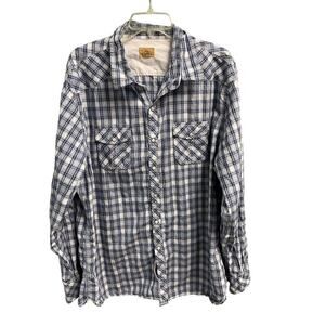 Trevero Size XXL Mens Plaid Pearl Snap Blue White Western Cowboy Rodeo